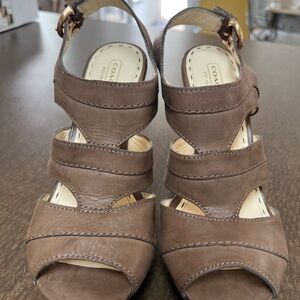 COACH tan Leather Wedges Jazlyn 4.5” heel offset by 1” wedge